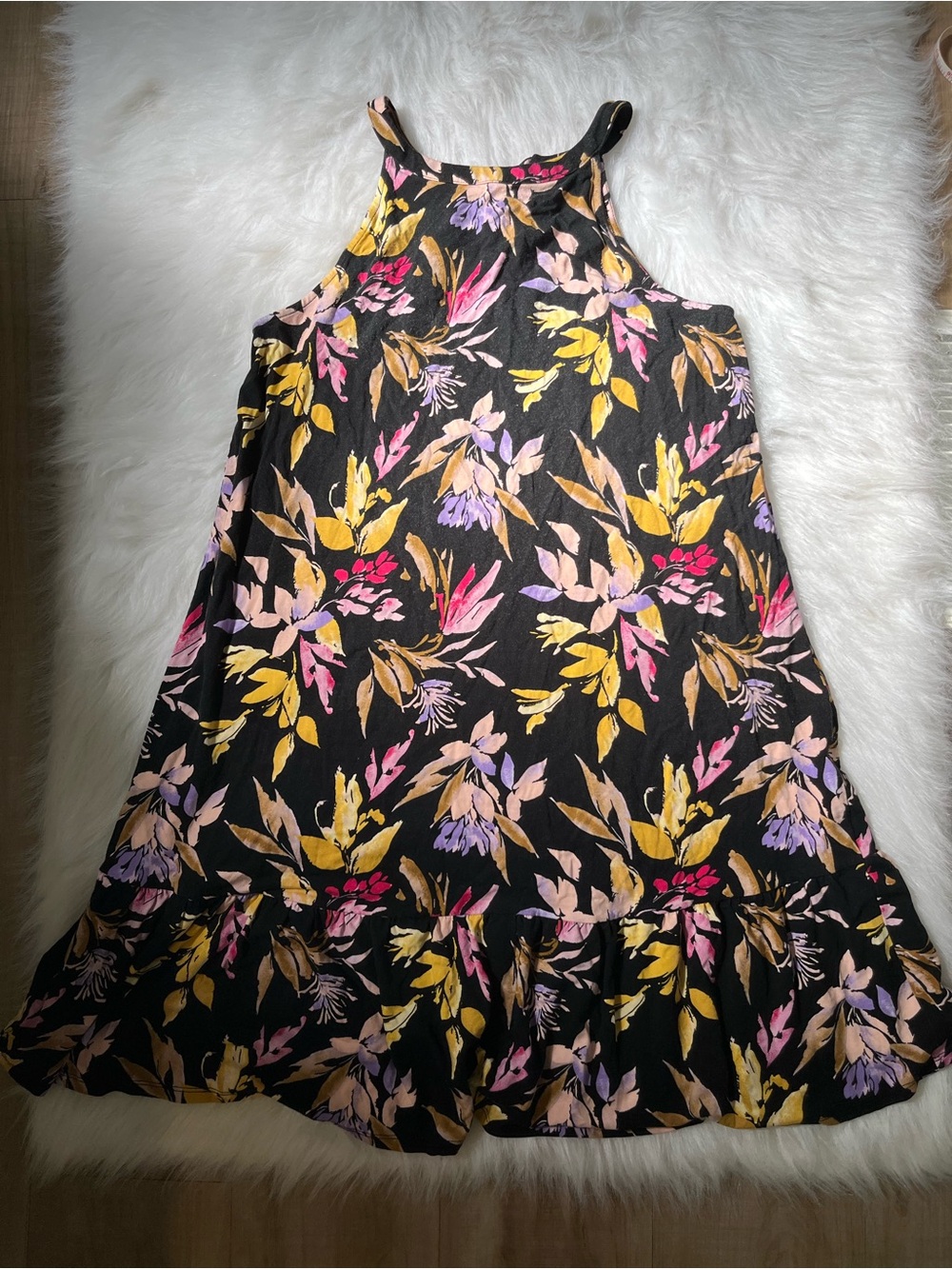 Time and Tru Black Halter Floral Mini Dress with Pink & Yellow Flowers - Picture 2 of 8